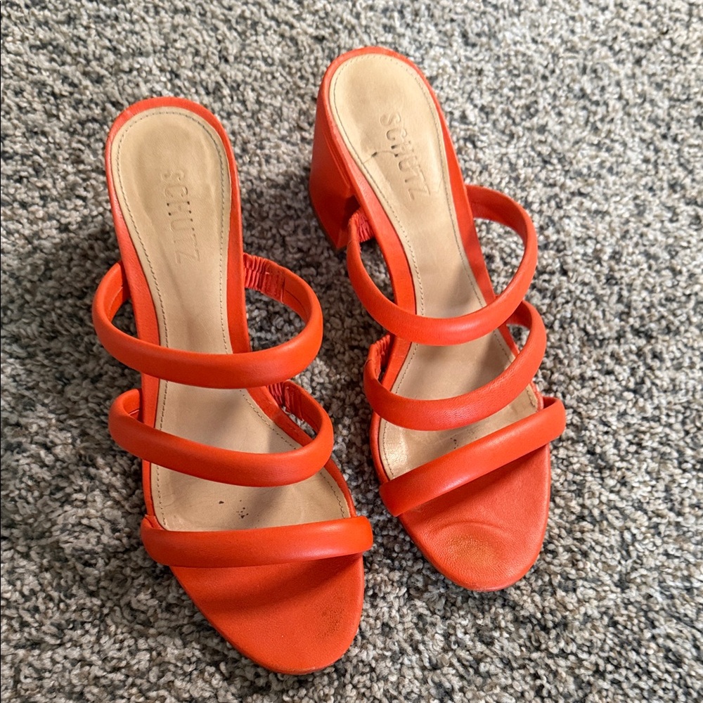 SCHUTZ Bright Orange Triple-Strap Block Heel Sandals